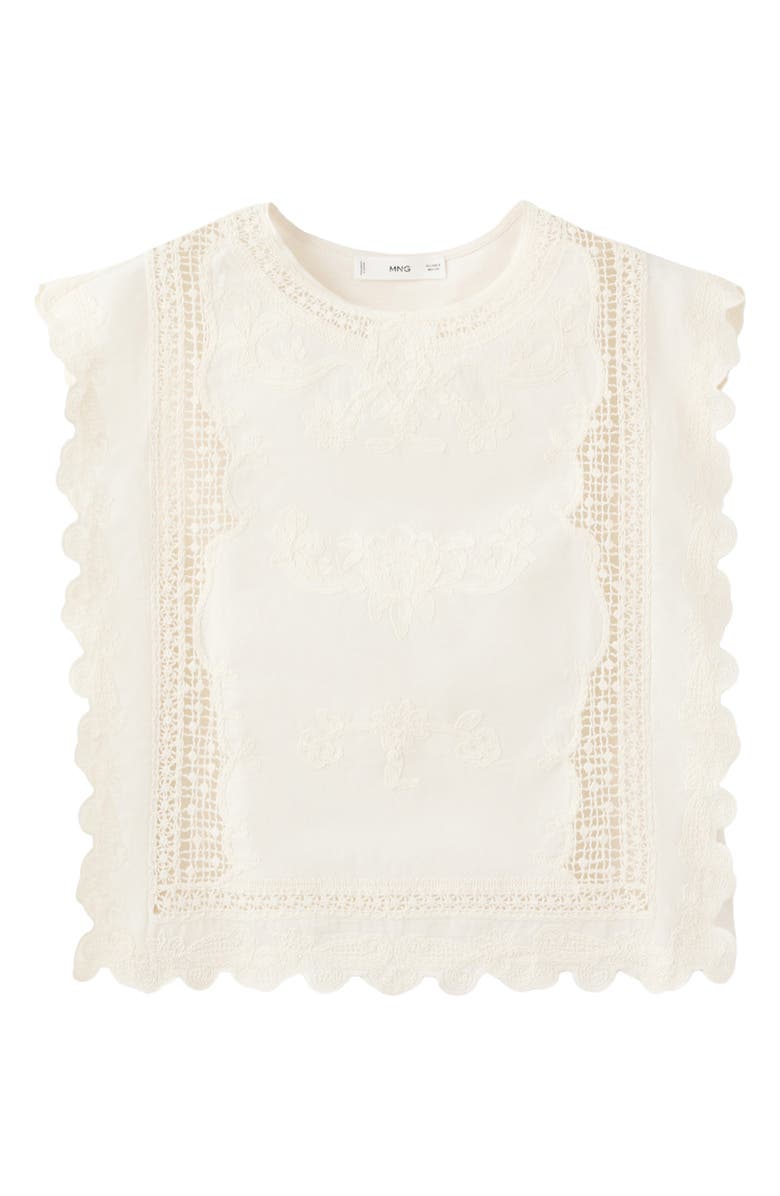 MANGO Embroidered Scalloped Trim Crop Cotton Blend Top, Alternate, color, Off White