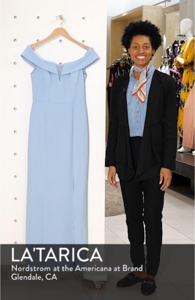 Notched Off the Shoulder Crepe Gown, sales video thumbnail