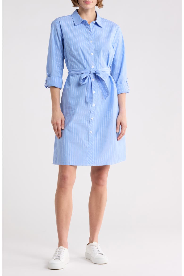 Stripe Long Sleeve Cotton Shirtdress, Main, color, AZURINE