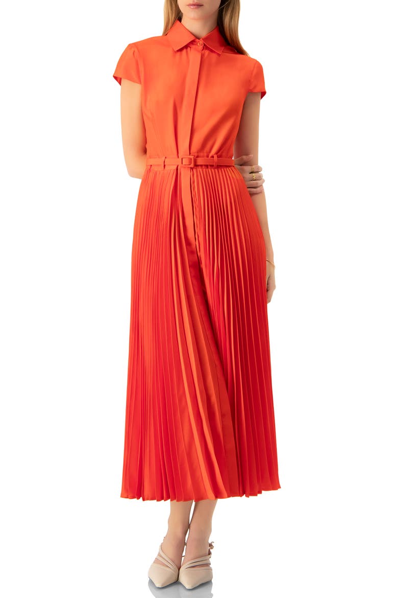Short Sleeve Shirt Style Pleated Maxi-Dress, Main, color, Orange
