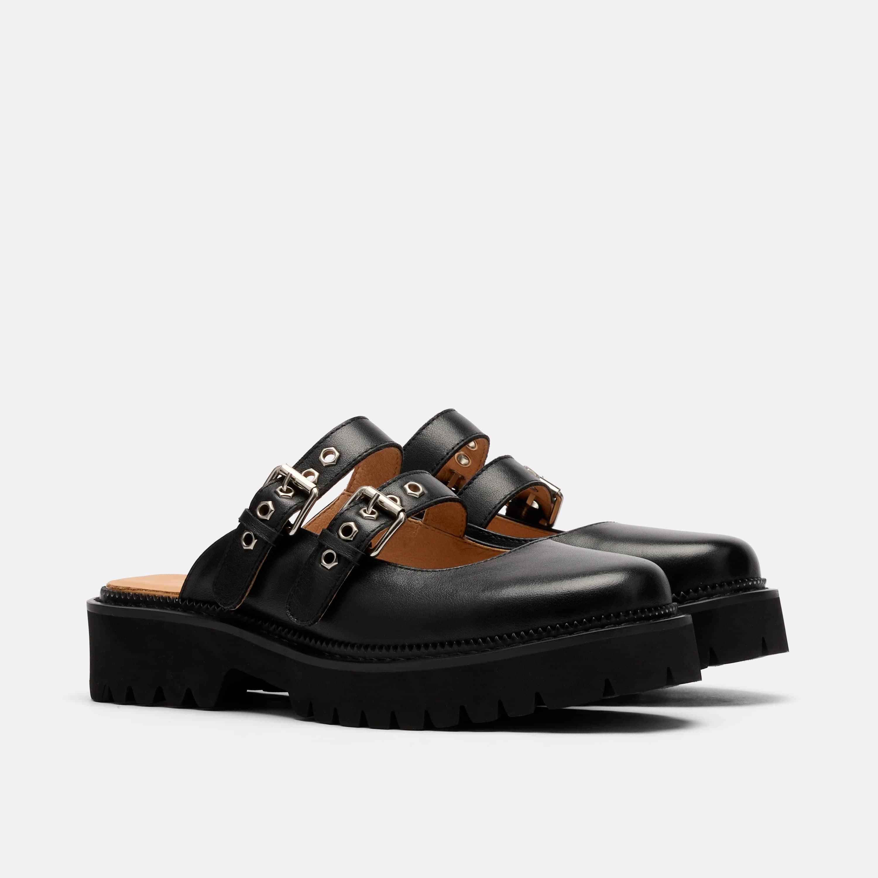 MARC NOLAN Lexi Leather Double-Buckle Lug Mules, Alternate, color, Black