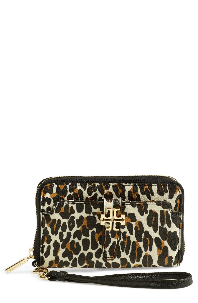 Tory Burch 'Plaque' Leopard Print Smartphone Wristlet, Main, color, 