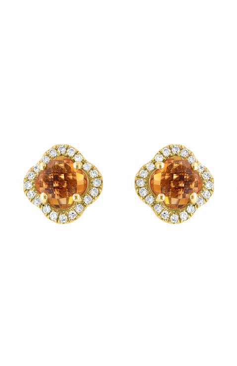 14K Yellow Gold Citrine Clover & Diamond Halo Earrings