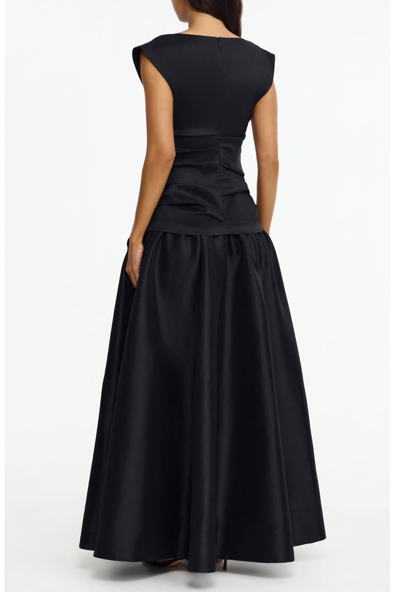 Delph Ruched Floral Appliqué Satin Drop Waist Gown, Alternate, color, BLACK