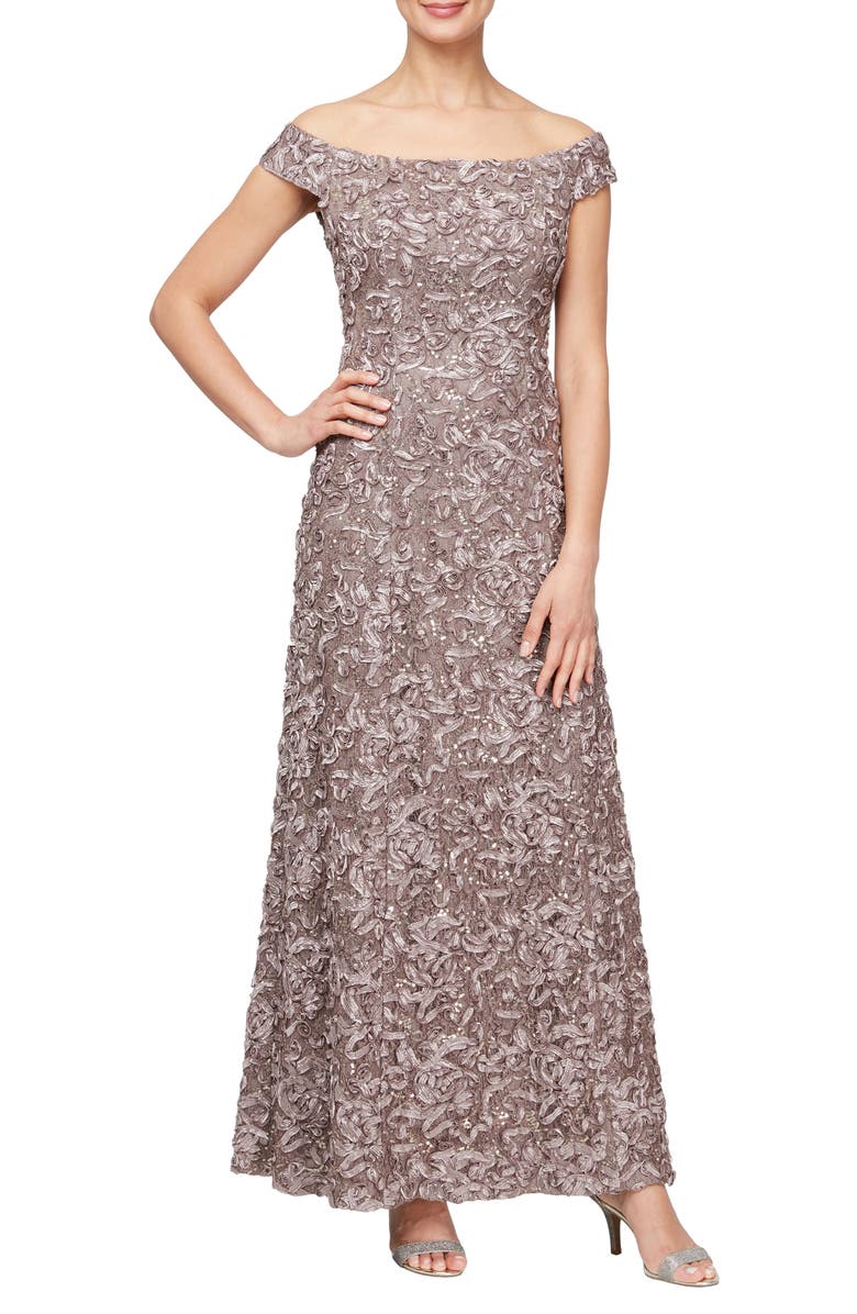 Alex Evenings Sequin Off the Shoulder Gown, Main, color, 