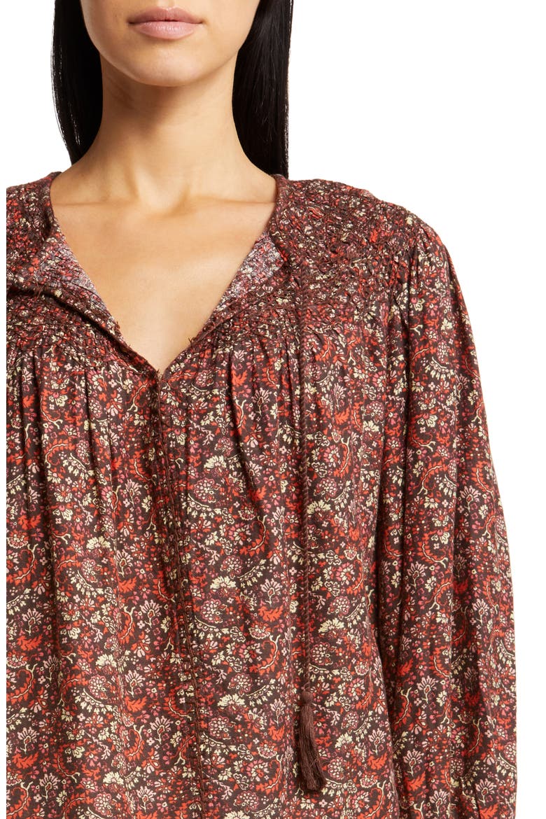 Print Smocked Peasant Blouse, Alternate, color, BROWN MULTI
