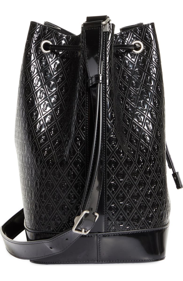 Saint Laurent Le Monogramme Logo Embossed Patent Leather Bucket Bag, Alternate, color, Noir