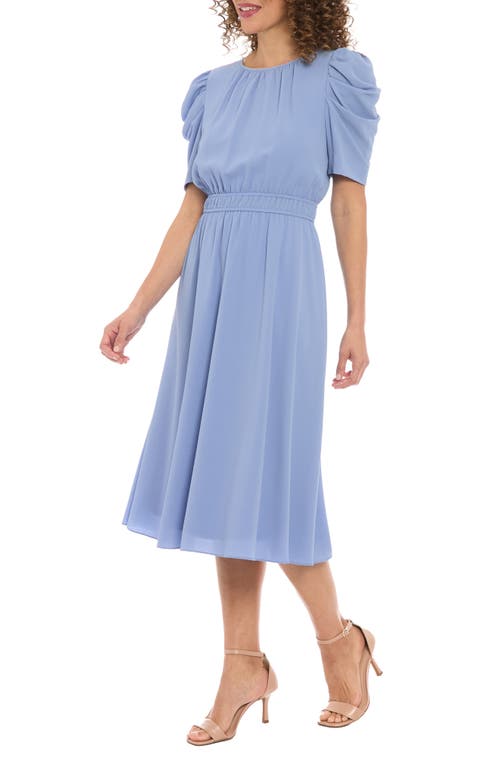 London Times Ruched Bubble Sleeve Midi Dress In Light Blue