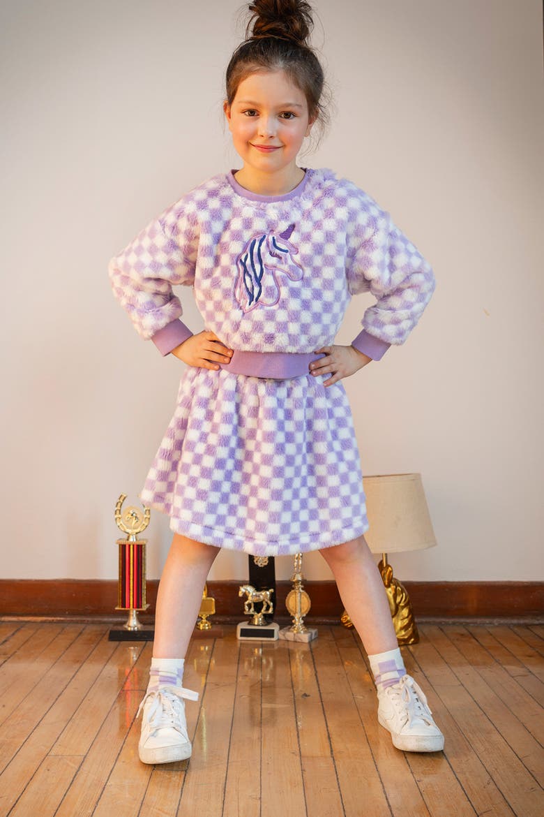 Checkered Embroidered Faux Fur Top, Alternate, color, Lilac and White Tiles