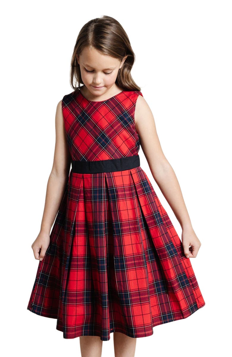 Hope & Henry Baby Girls' Pleated Party Dress, Infant, Main, color, Red Holiday Plaid