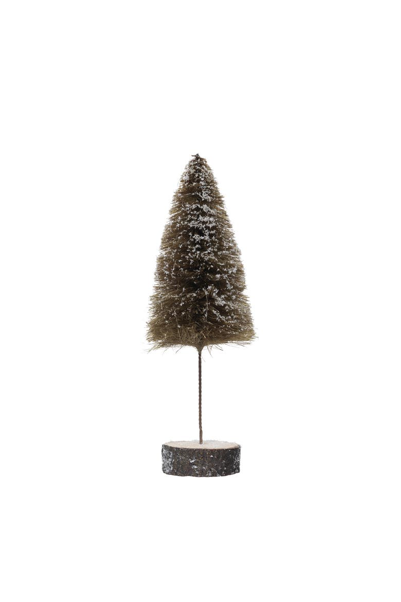 Sisal Bottle Brush Tree with Wood Slice Base & Snow Finish, Main, color, Mustard