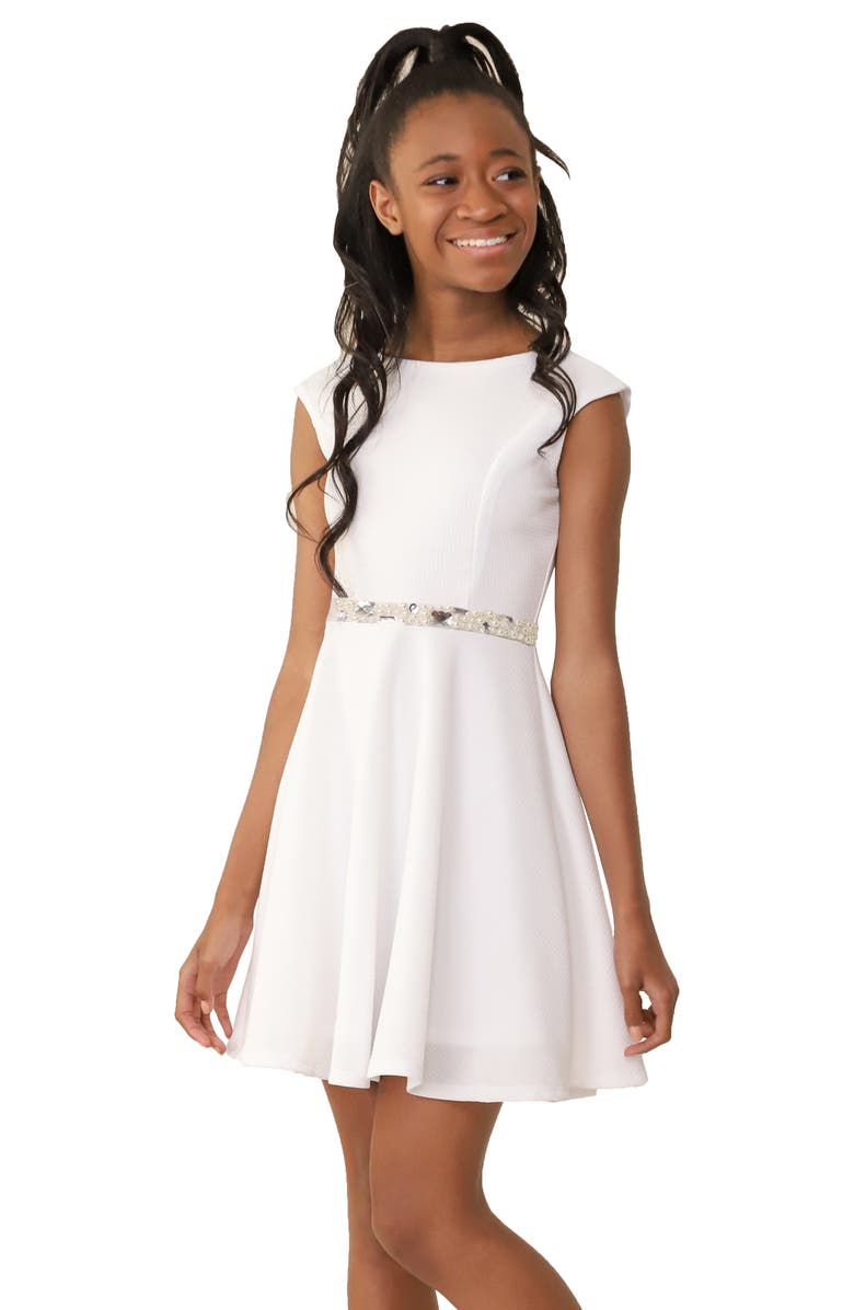 Un Deux Trois Textured Cap Sleeve Dress with Belt in Longer Length, Main, color, Ivory