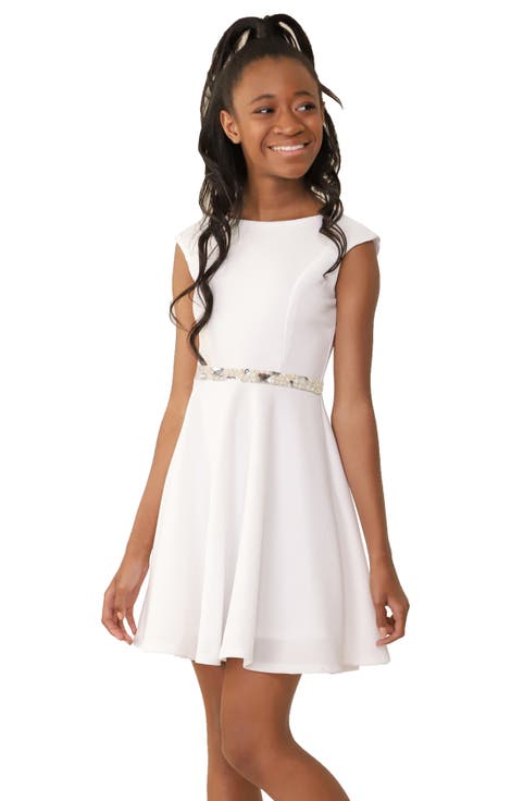 Textured Cap Sleeve Dress with Belt in Longer Length (Big Kid)