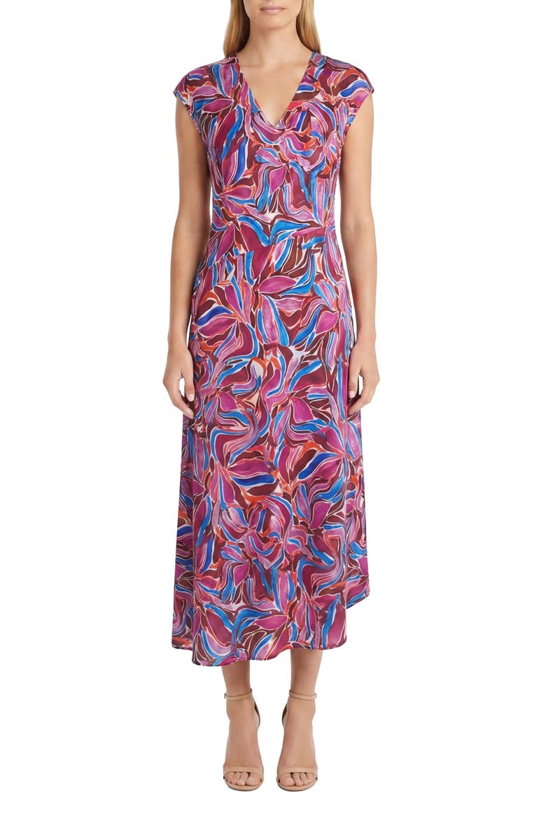 Print Cap Sleeve Midi Dress, Main, color, ECRU/ BERRY