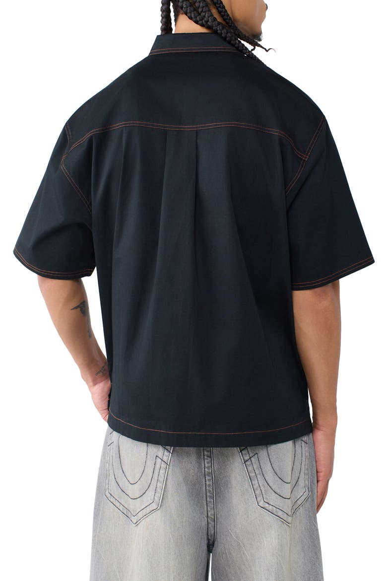 Patchwork Short Sleeve Cotton Button-Up Shirt, Alternate, color, BLACK