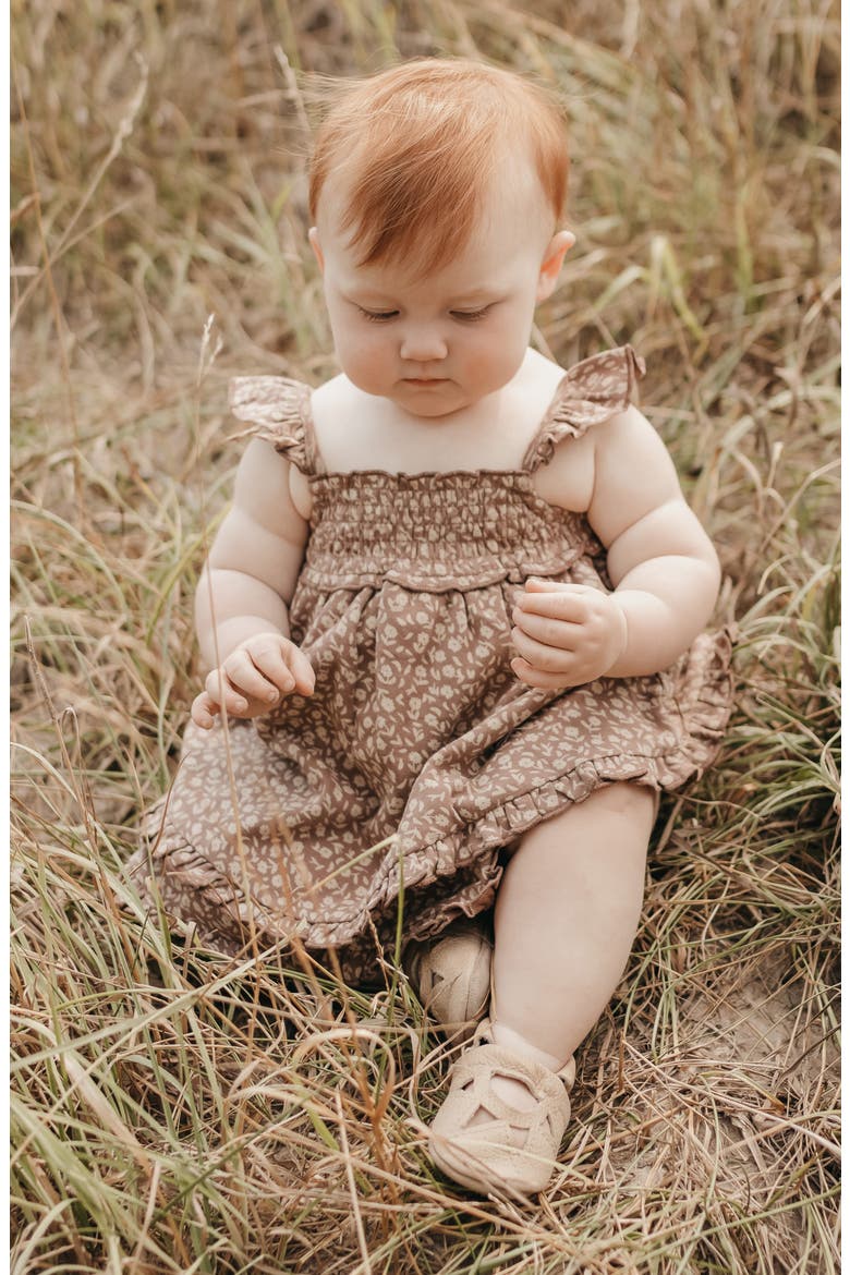 Smocked Organic Cotton Dress, Alternate, color, LATTE FLORAL