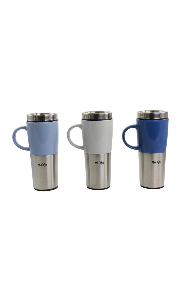 Mr. Coffee Travertine 16 oz Stoneware & Stainless Steel Travel Mug with Lid set of 3 Assorted, Main, color, Blue