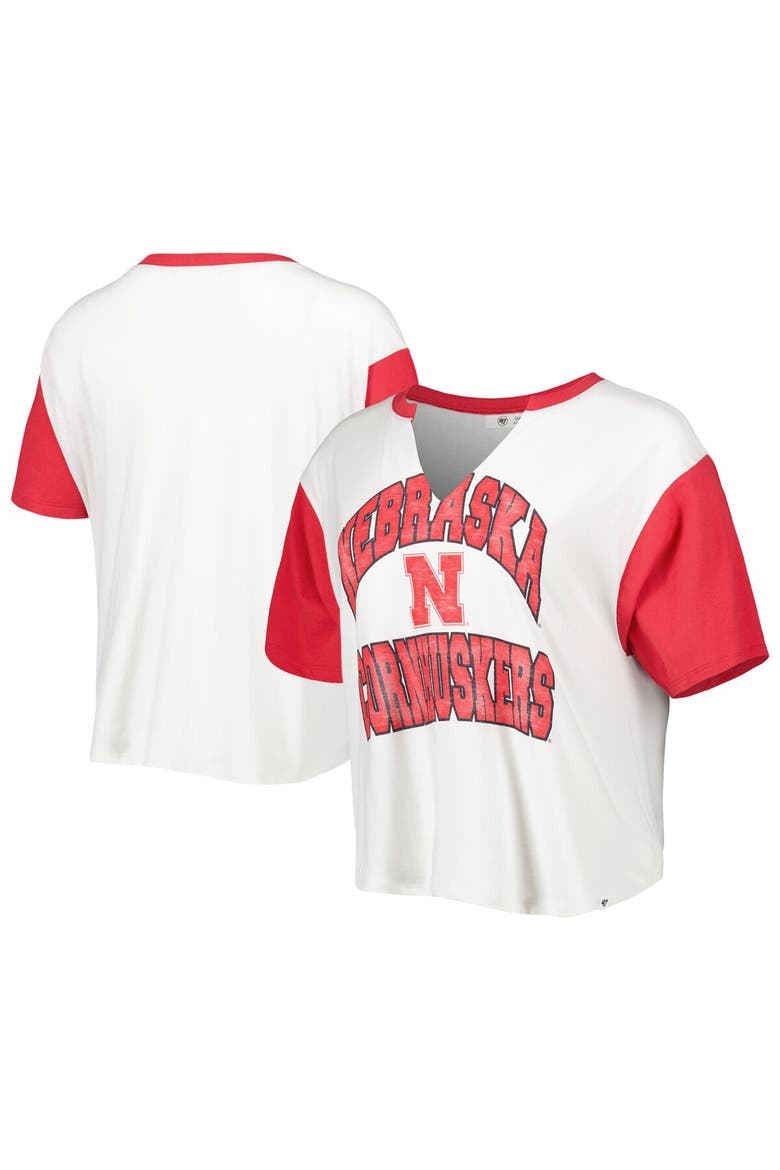 Women's '47 White/Scarlet Nebraska Huskers Inner Glow Dolly Cropped V-Neck T-Shirt, Main, color, White