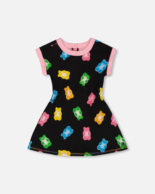 Deux Par Deux Girl's Printed French Terry Dress Black And Multicolored Gummies In Black And Multicolored Gummies
