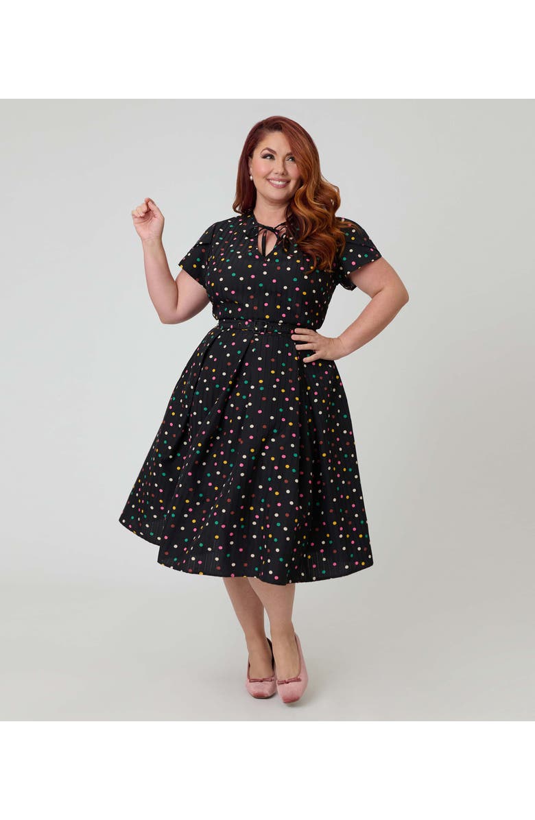 Unique Vintage Plus Size Short Petal Sleeve Tie Neck Dahlia Swing Dress, Main, color, Black Pin Dot