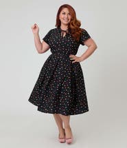Unique Vintage Plus Size Short Petal Sleeve Tie Neck Dahlia Swing Dress