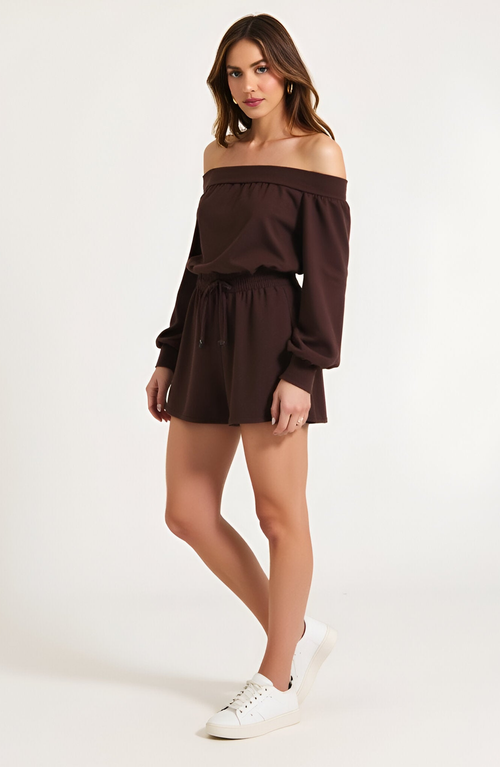 Modenaire Off-shoulder Long Sleeve Romper With Smocked Waist And Drawstring Tie In Brown
