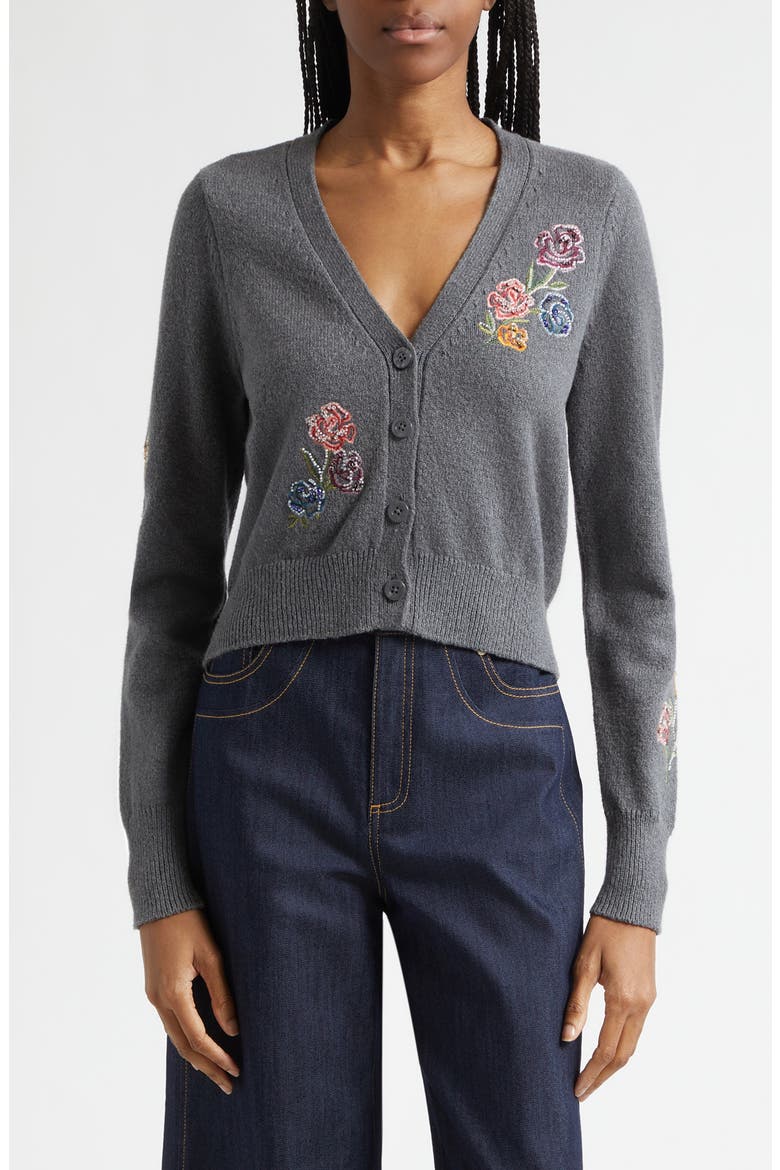 Nikko Floral Ribbons Cotton Blend Cardigan, Main, color, DARK GREY