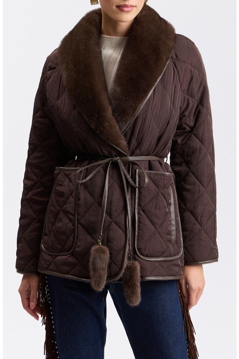 Faux Fur Trim Quilted Jacket, Main, color, HICKORY