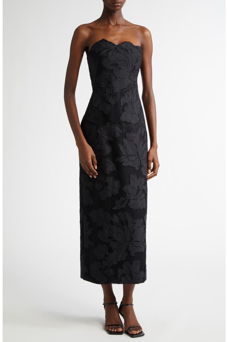 Natasha Floral Appliqué Strapless Midi Dress, Main, color, BLACK