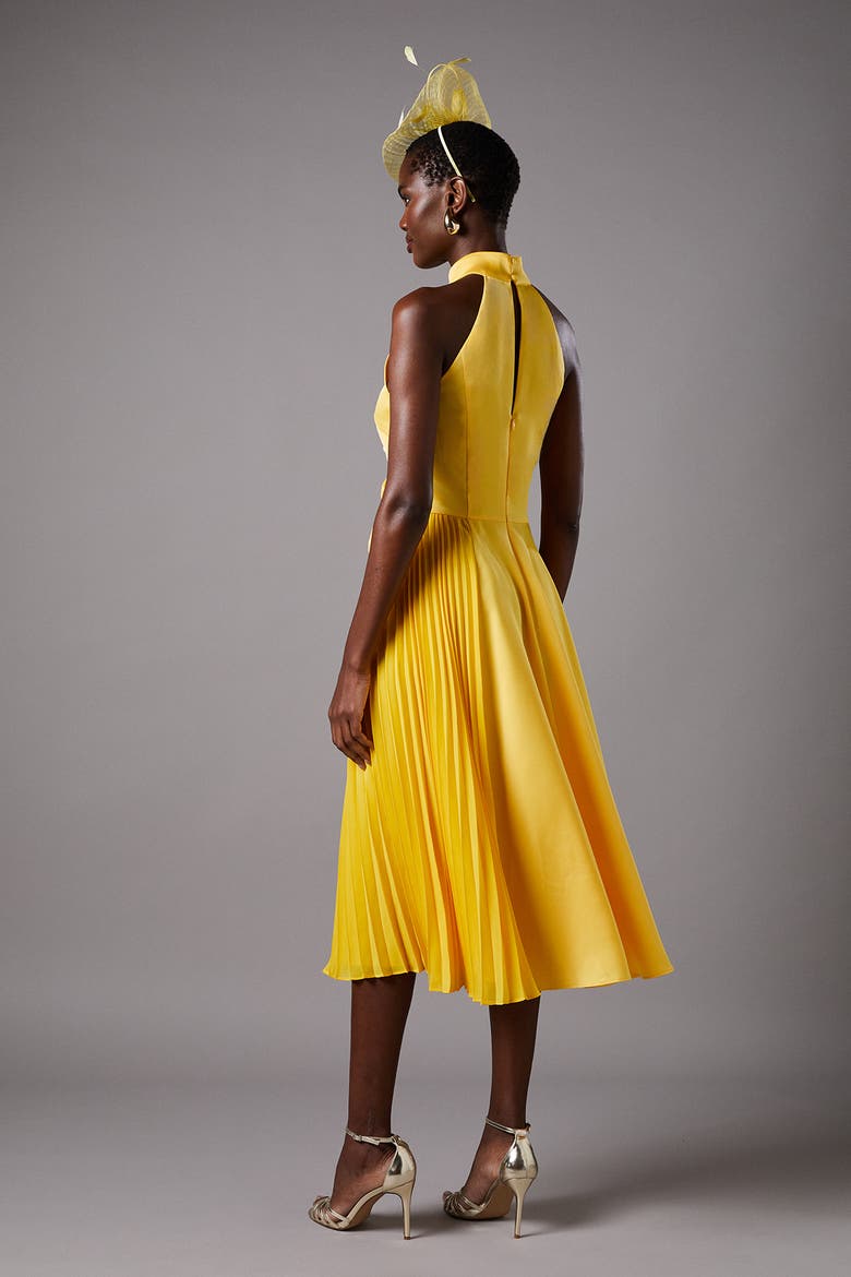 Halter Pleated Asymmetric Hem Midi Dress, Alternate, color, Yellow