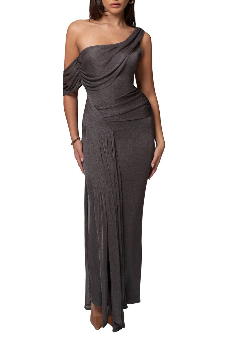 Drape Metallic One-Shoulder Gown, Main, color, GRAY