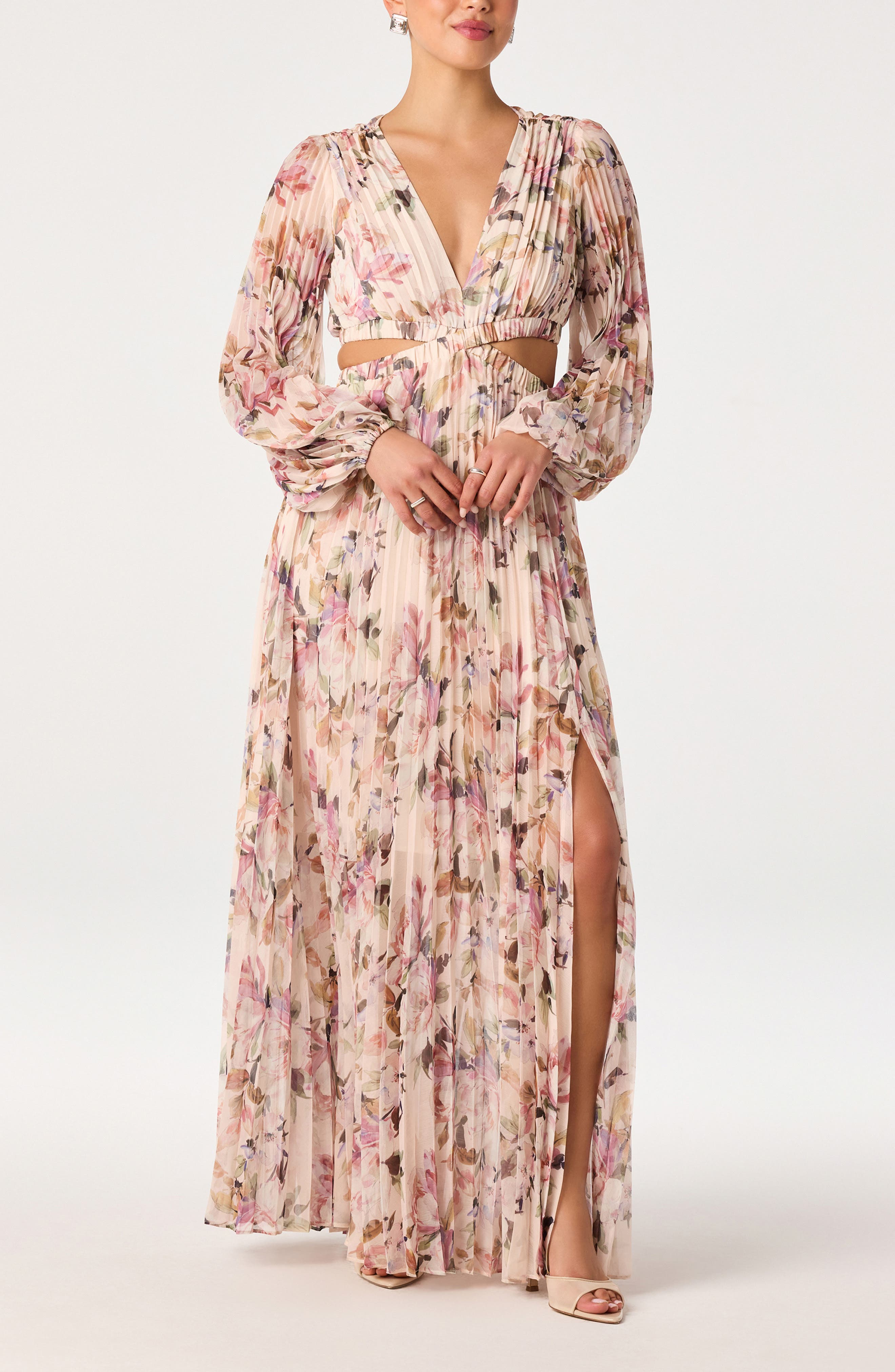 ASTR the Label Revery Floral Pleated Cutout Long Sleeve Maxi Dress