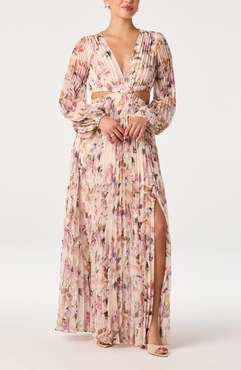 ASTR the Label Revery Floral Pleated Cutout Long Sleeve Maxi Dress, Main, color, Yellow Pink Floral