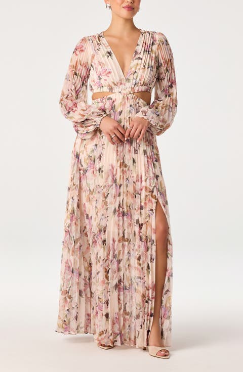 Revery Floral Pleated Cutout Long Sleeve Maxi Dress