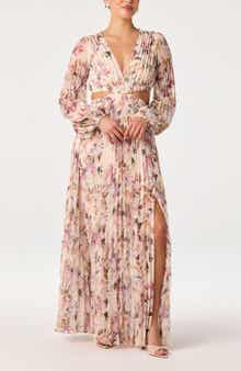 ASTR the Label Revery Floral Pleated Cutout Long Sleeve Maxi Dress