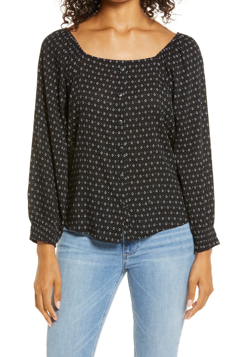 Print Button Front Long Sleeve Top, Main, color, BLACK- WHITE MARTY GEO