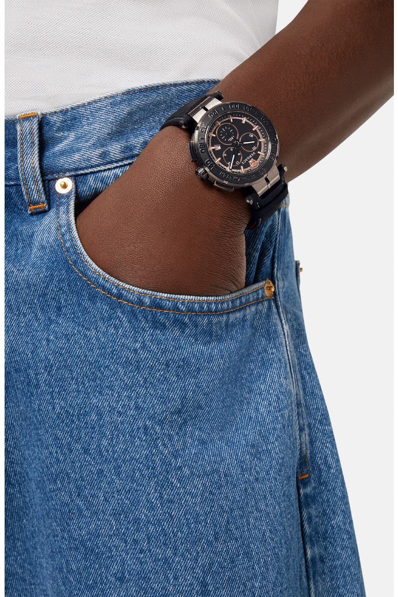 Greca Detailed Leather Strap Watch, 45mm, Alternate, color, BLACK