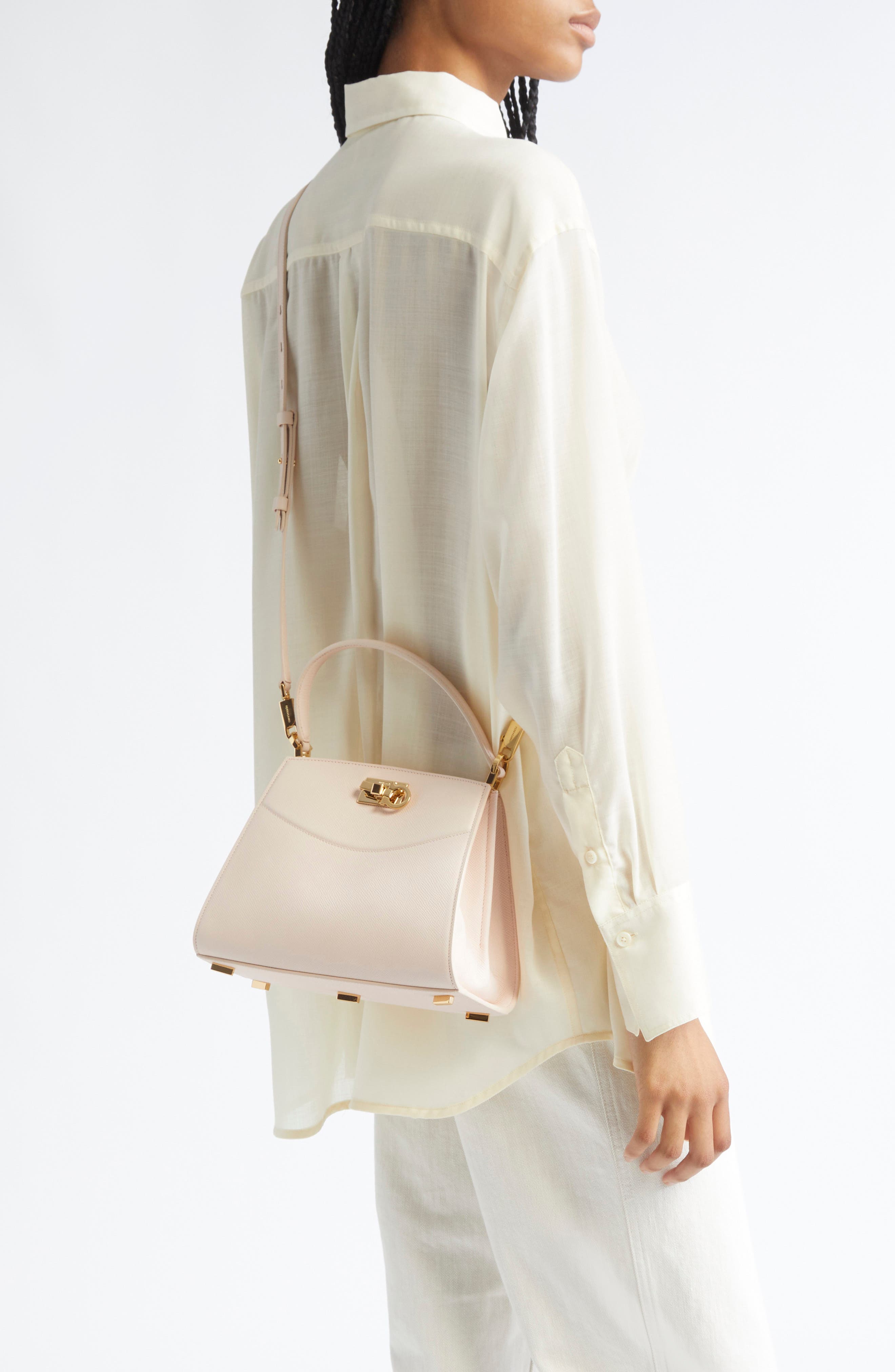 FERRAGAMO Small Studio Box Leather Top Handle Bag, Alternate, color, Ballet