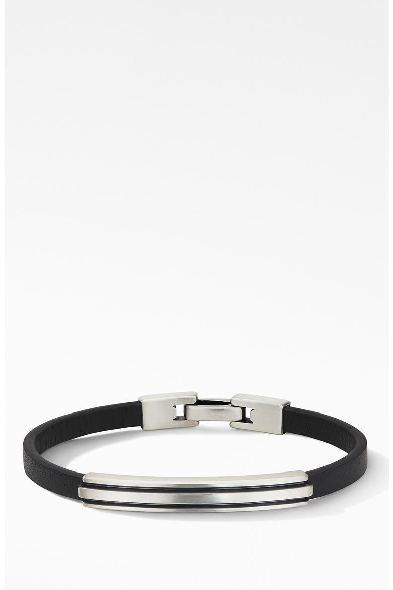 Deco Black Leather ID Bracelet, Main, color, SILVER