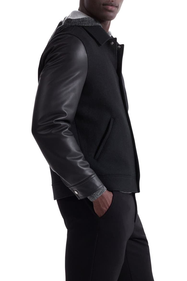 Leather Sleeve Tweed Jacket, Alternate, color, BLACK