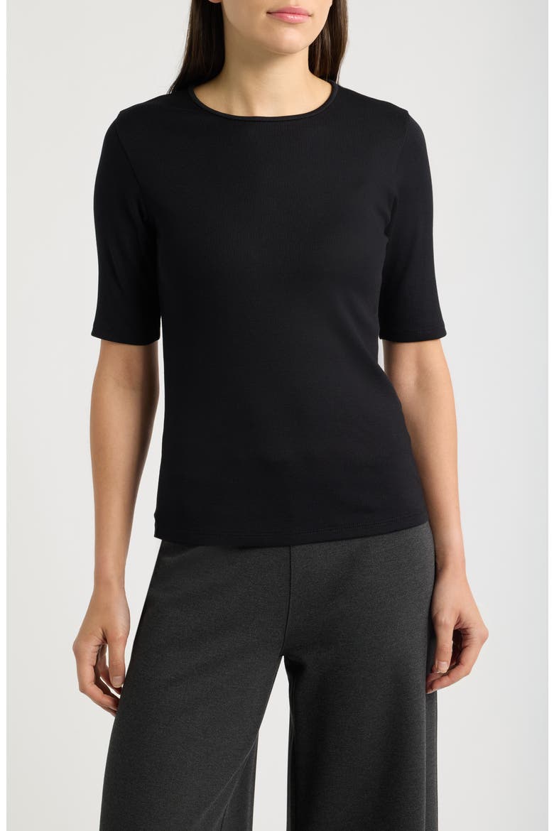 Organic Cotton Crewneck Elbow Sleeve Top, Main, color, BLACK