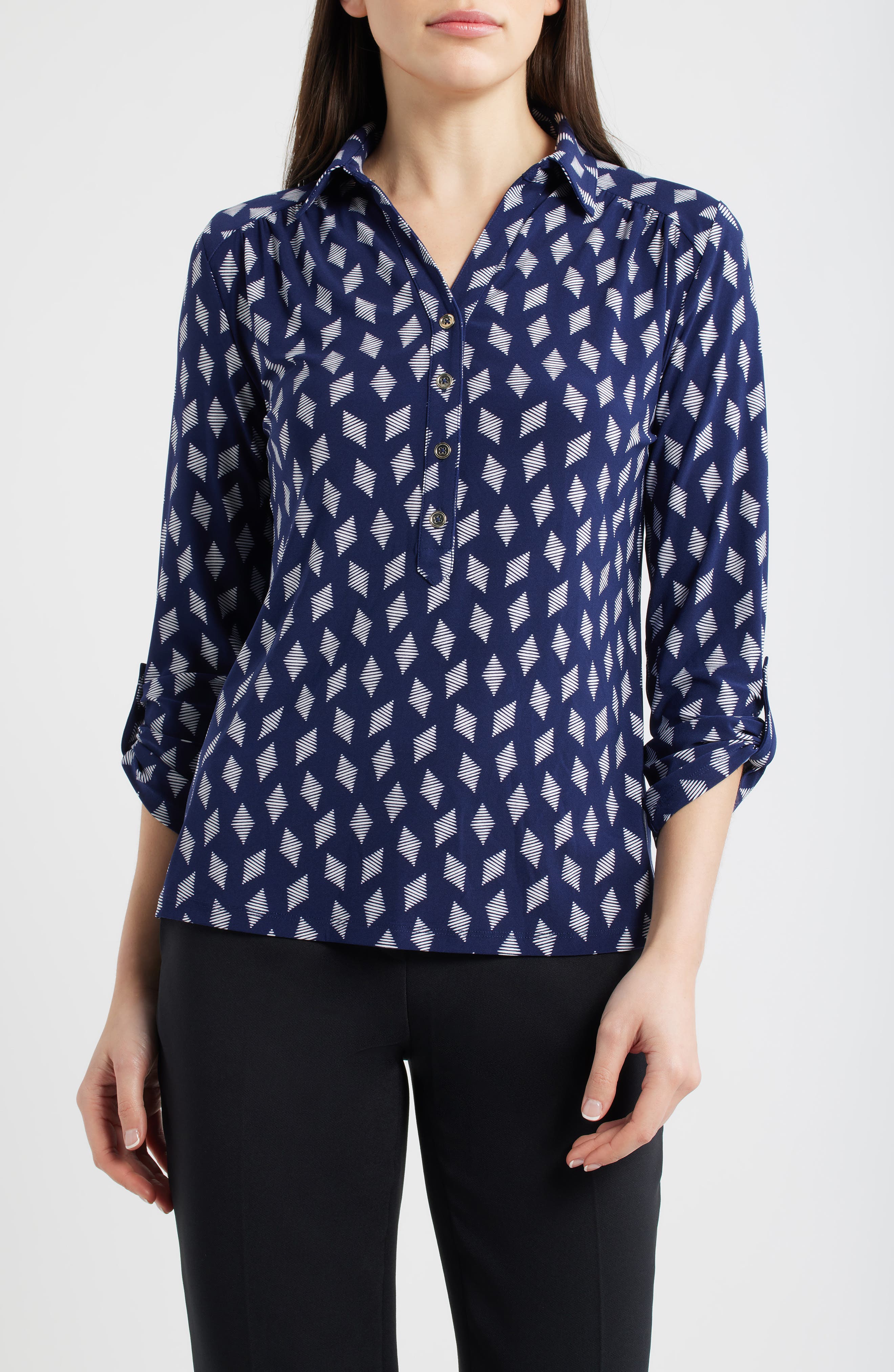 Ak Anne Klein Geometric Print Half Placket Shirt In Blue