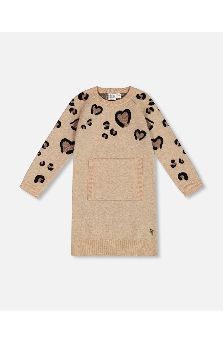 Deux par Deux Little Girl's Sweater Dress With Heart Jacquard Beige Mix, Main, color, 