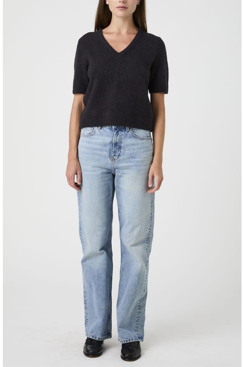 Short Sleeved V Neck Sweater, Alternate, color, BLACK