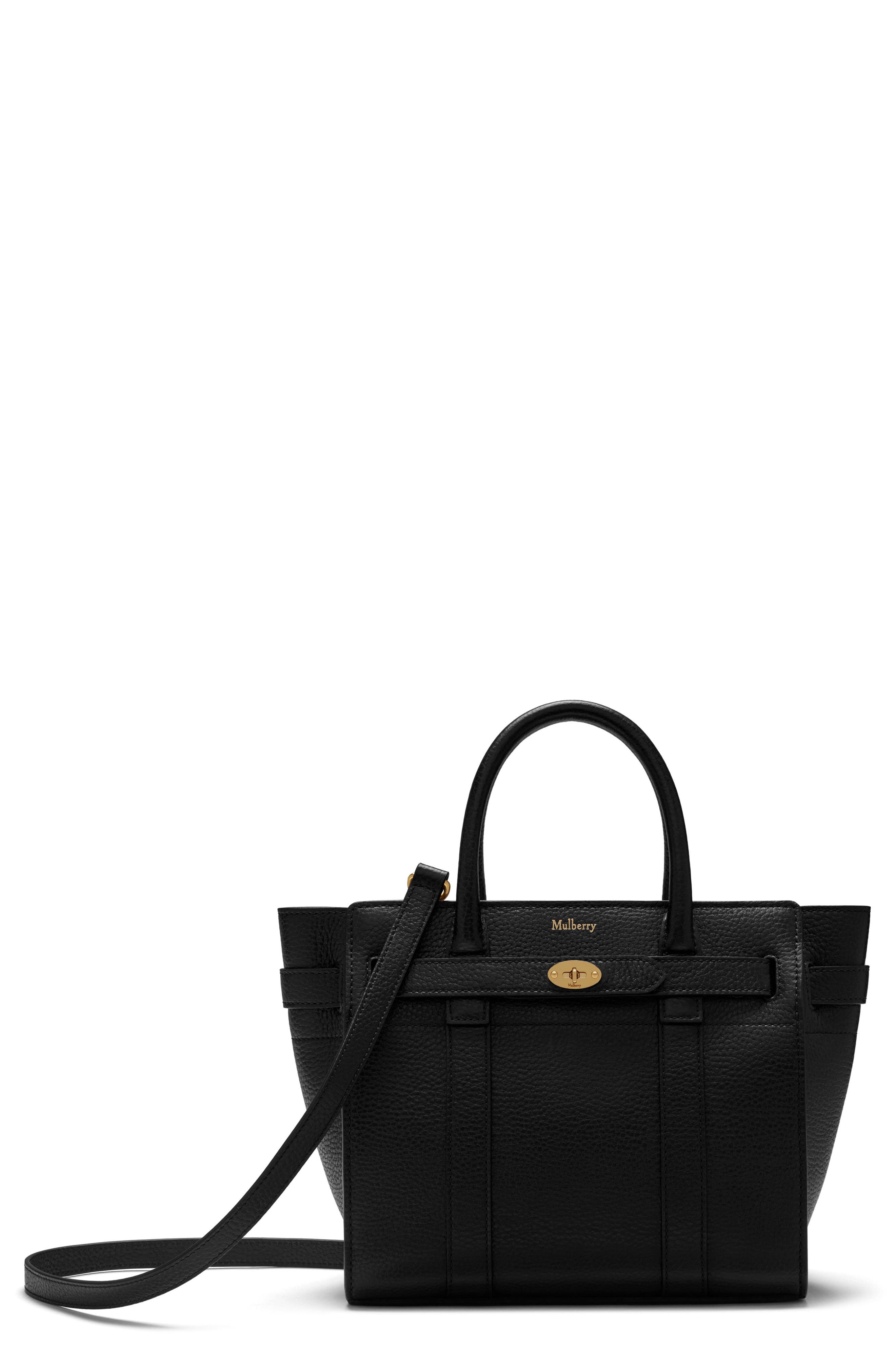 Mulberry Mini Zipped Bayswater Leather Tote, Main, color, A100 Black