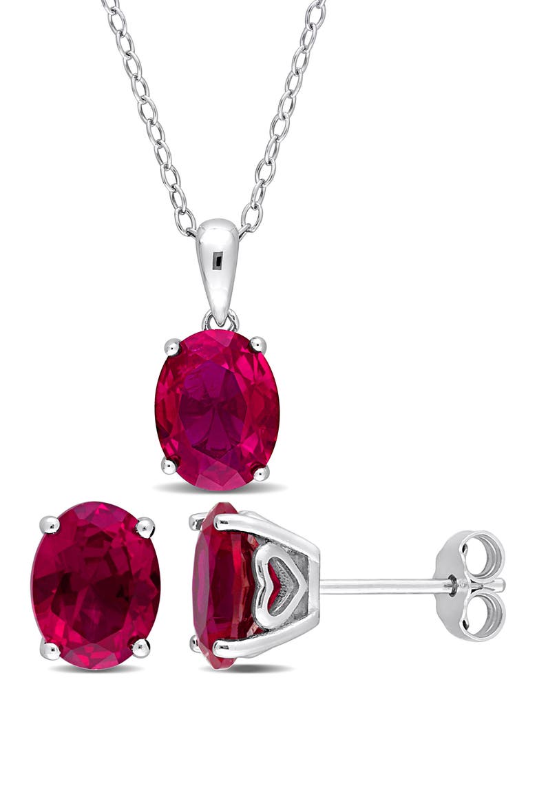 Oval Lab Grown Ruby Stud Earrings & Pendant Necklace Set, Main, color, RED