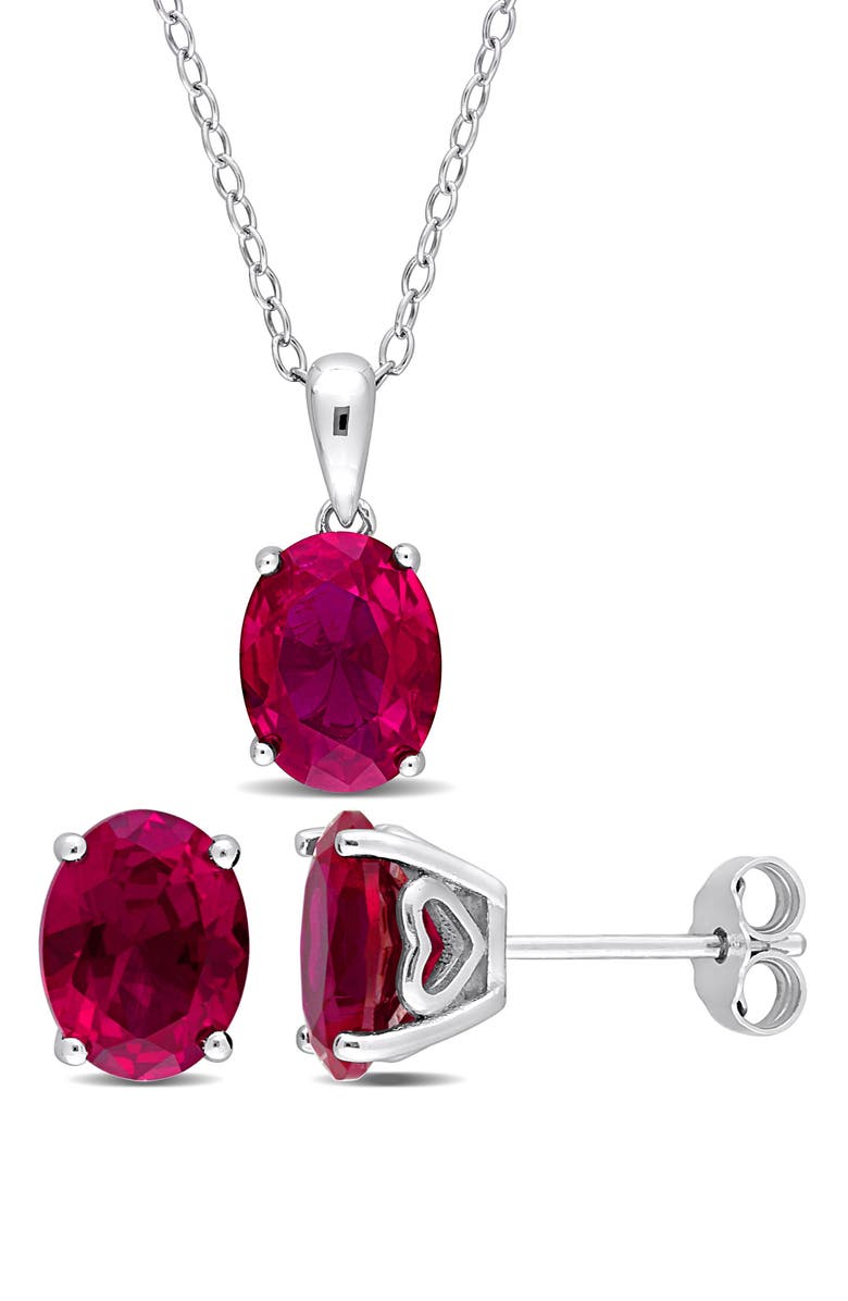 DELMAR Oval Lab Grown Ruby Stud Earrings & Pendant Necklace Set, Main, color, Red