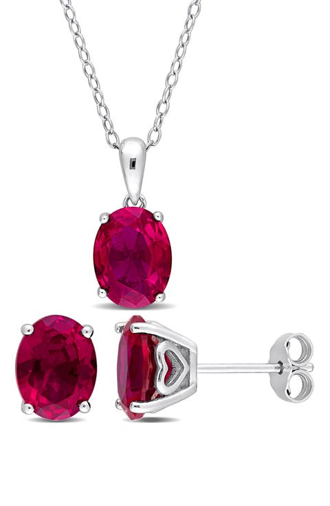 Oval Lab Grown Ruby Stud Earrings & Pendant Necklace Set