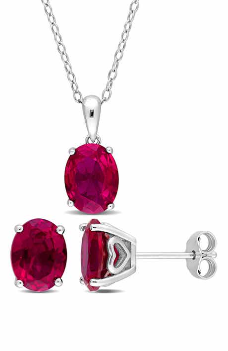 DELMAR Oval Lab Grown Ruby Stud Earrings & Pendant Necklace Set