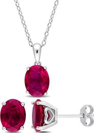 DELMAR Oval Lab Grown Ruby Stud Earrings & Pendant Necklace Set
